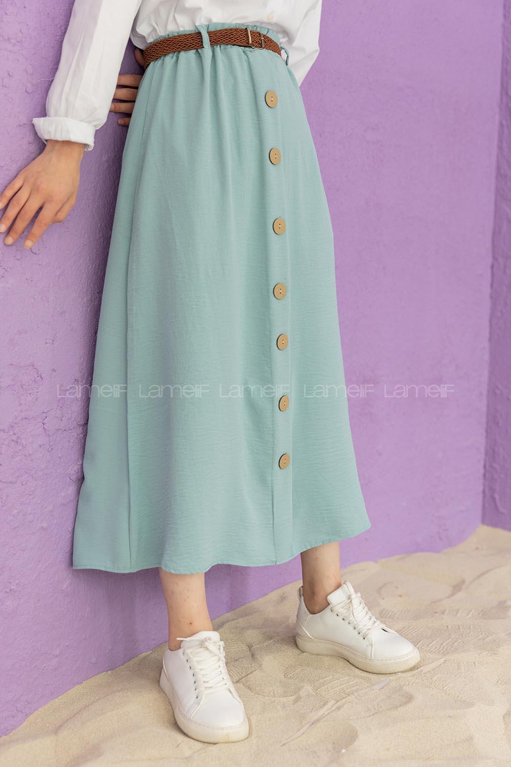 Modalamelif Hasır Kemerli Ayrobin  Etek Mint Yeşili