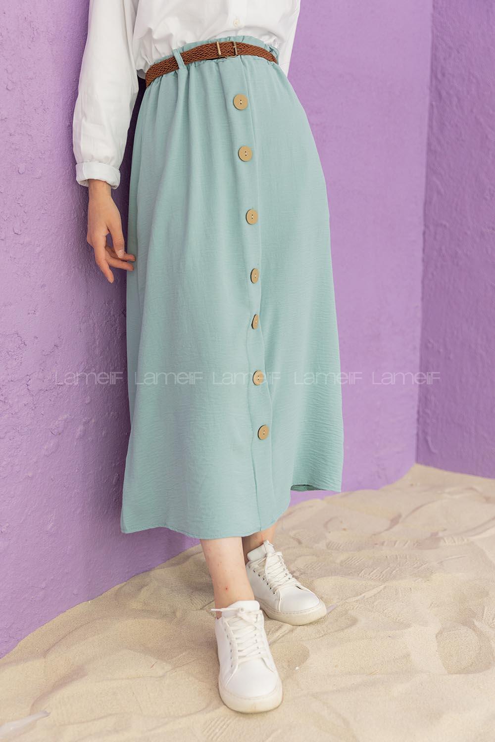 Modalamelif Hasır Kemerli Ayrobin  Etek Mint Yeşili