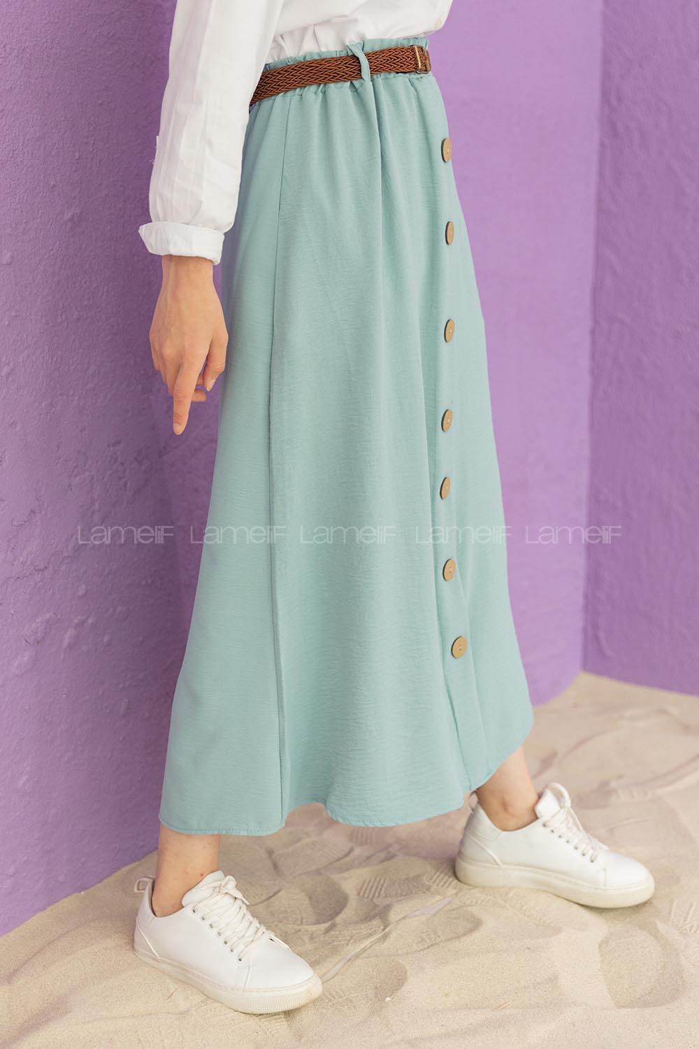 Modalamelif Hasır Kemerli Ayrobin  Etek Mint Yeşili