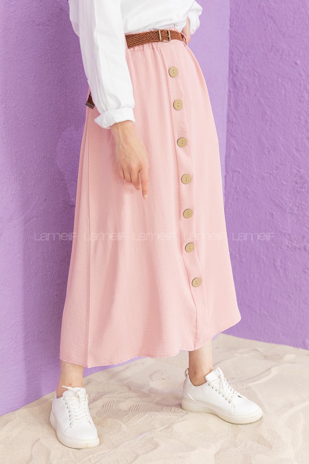 Modalamelif Hasır Kemerli Ayrobin  Etek Pudra