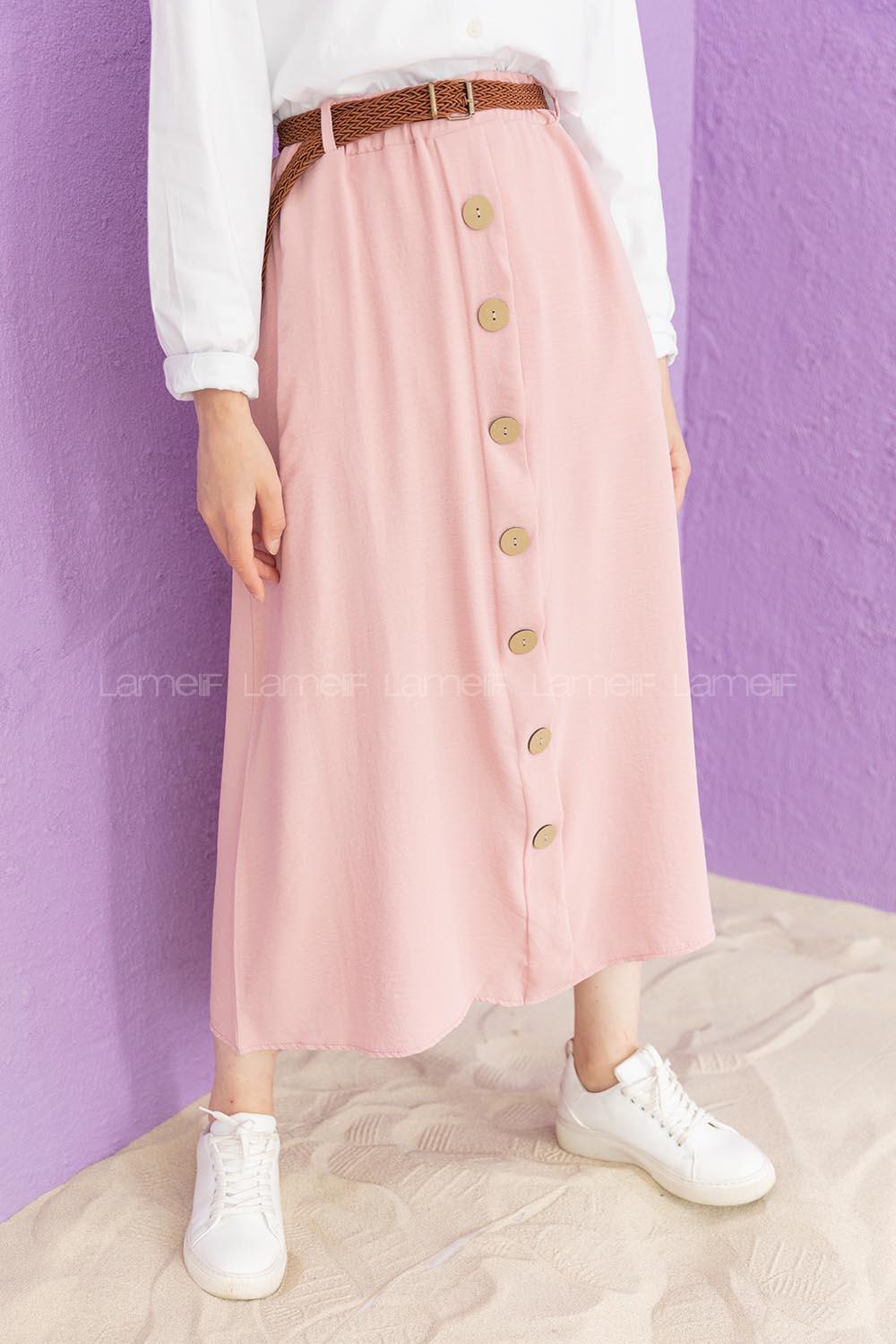 Modalamelif Hasır Kemerli Ayrobin  Etek Pudra