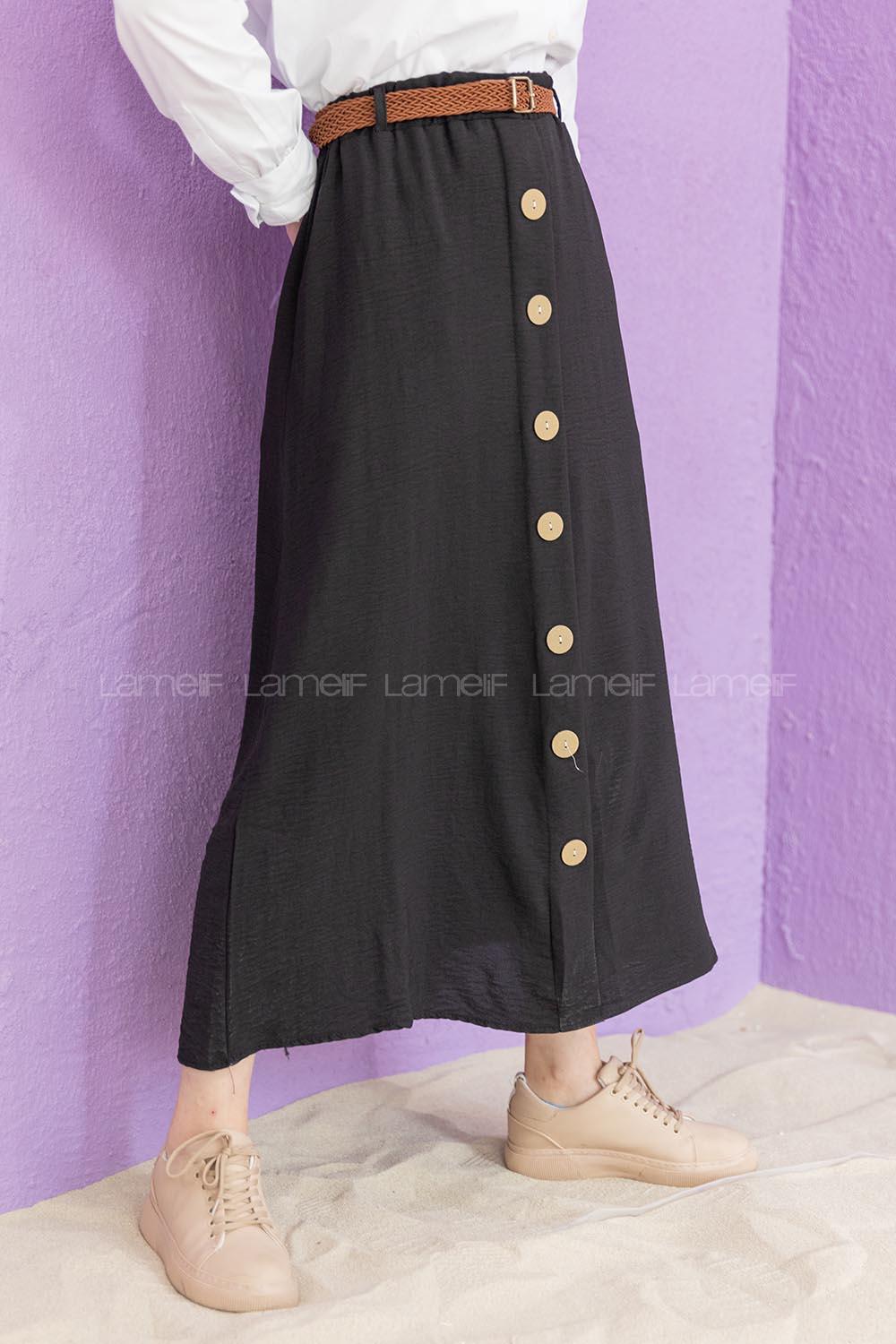 Modalamelif Hasır Kemerli Ayrobin  Etek Siyah