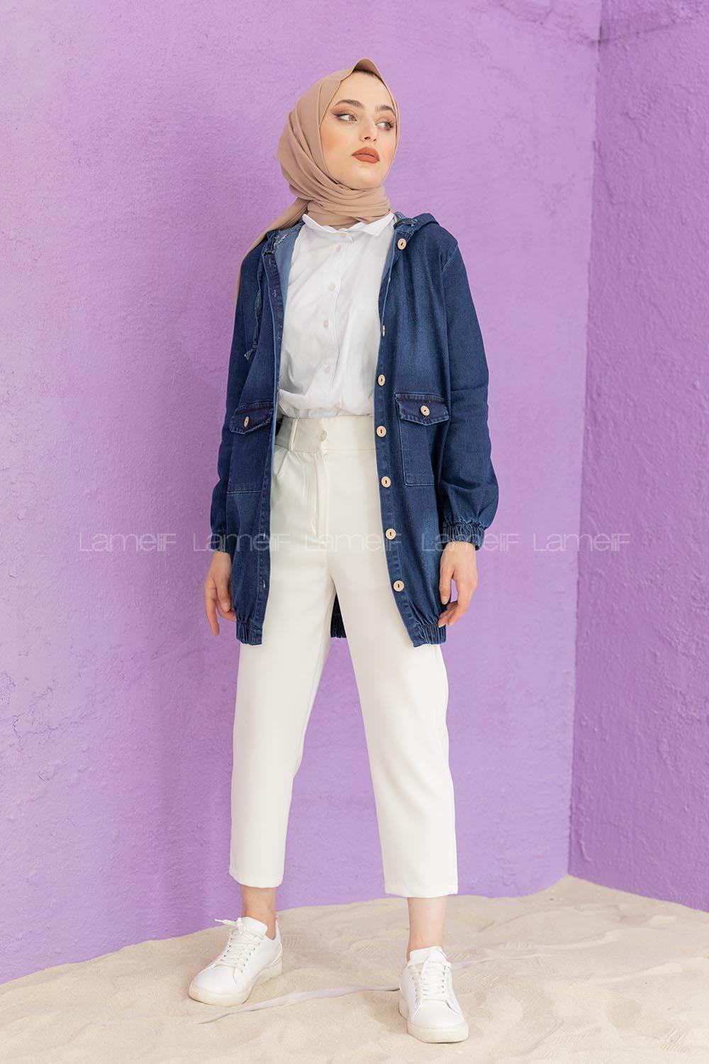 Modalamelif Kapşonlu Kot Ceket Koyu Mavi