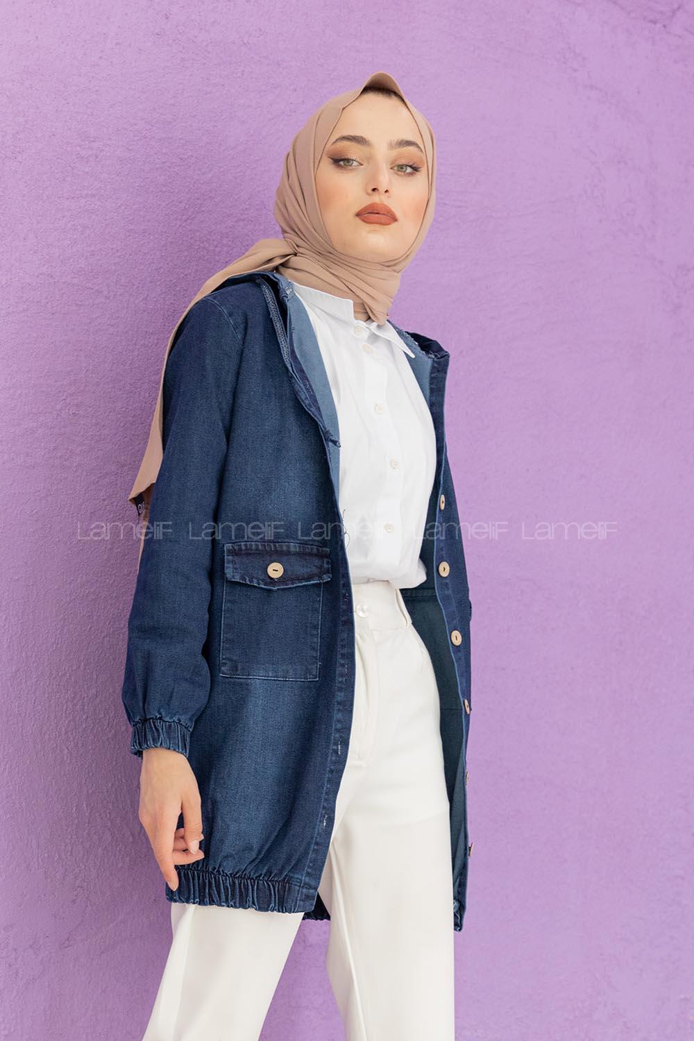 Modalamelif Kapşonlu Kot Ceket Koyu Mavi