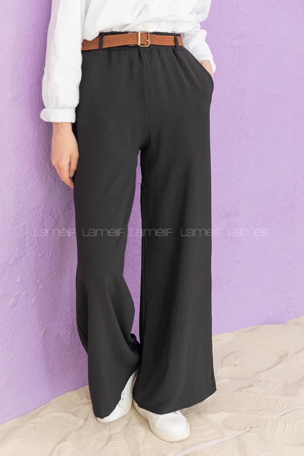 Modalamelif Kemerli Salaş Pantolon Siyah