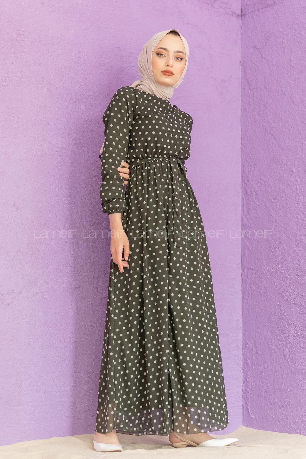 Modalamelif Mini Puantiye Desenli Elbise Haki