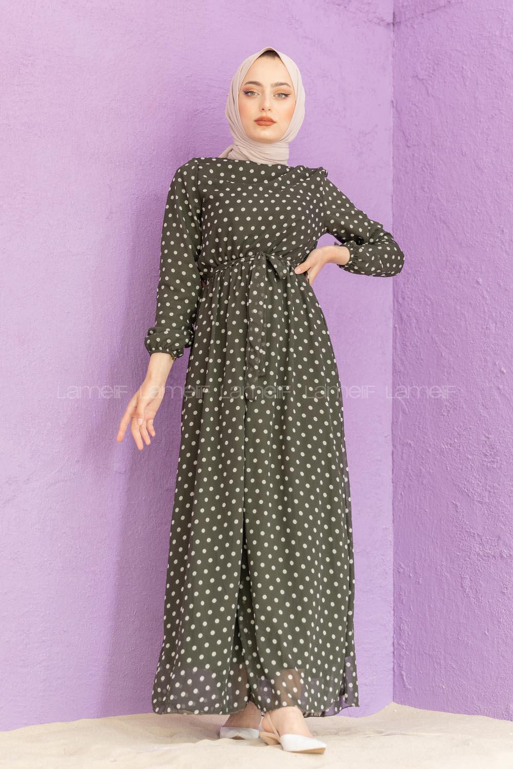 Modalamelif Mini Puantiye Desenli Elbise Haki