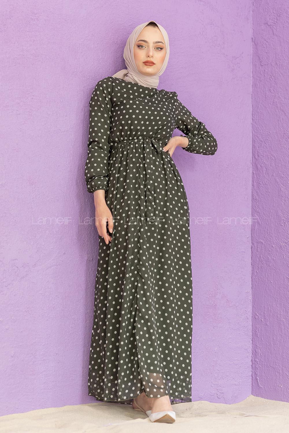 Modalamelif Mini Puantiye Desenli Elbise Haki