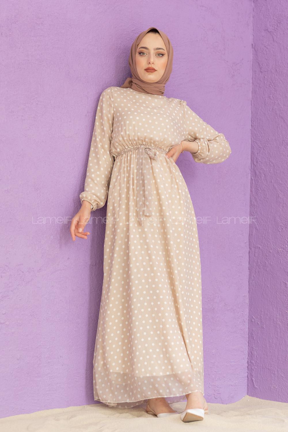 Modalamelif Mini Puantiye Desenli Elbise Taş Rengi