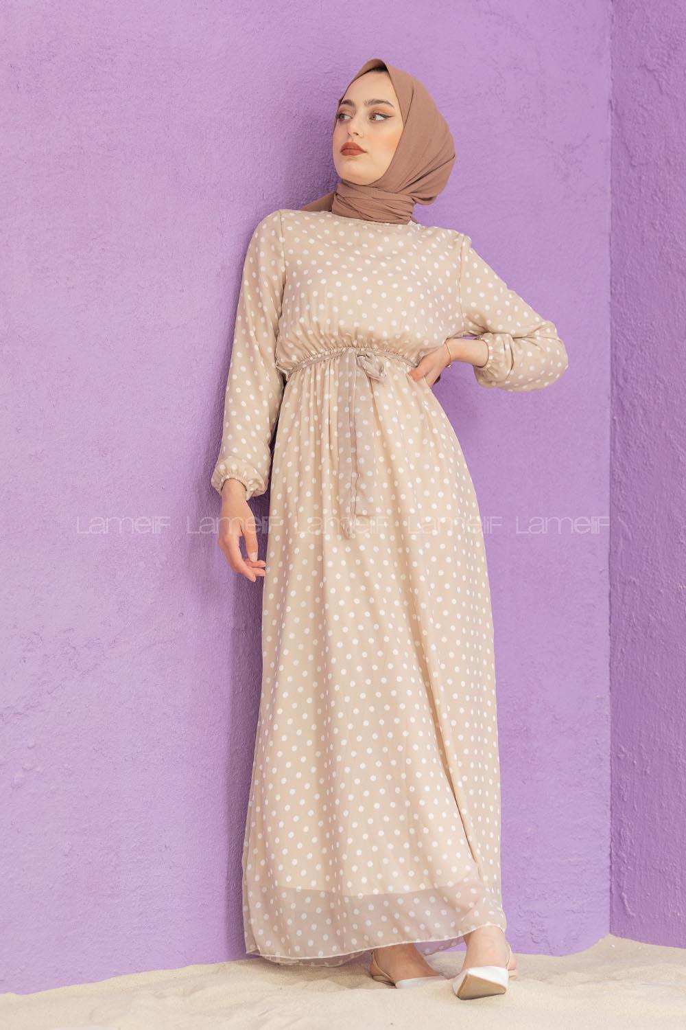 Modalamelif Mini Puantiye Desenli Elbise Taş Rengi