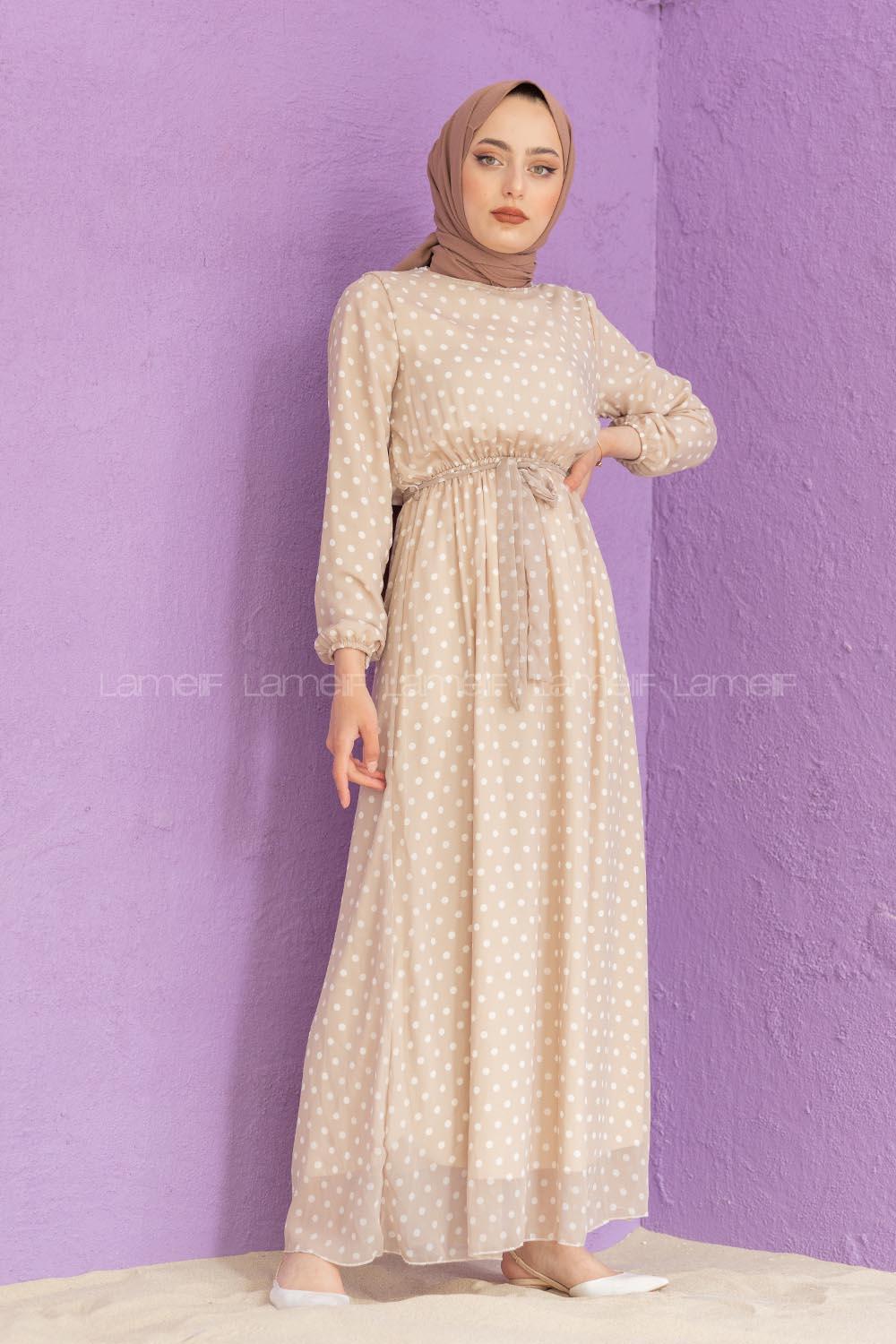 Modalamelif Mini Puantiye Desenli Elbise Taş Rengi