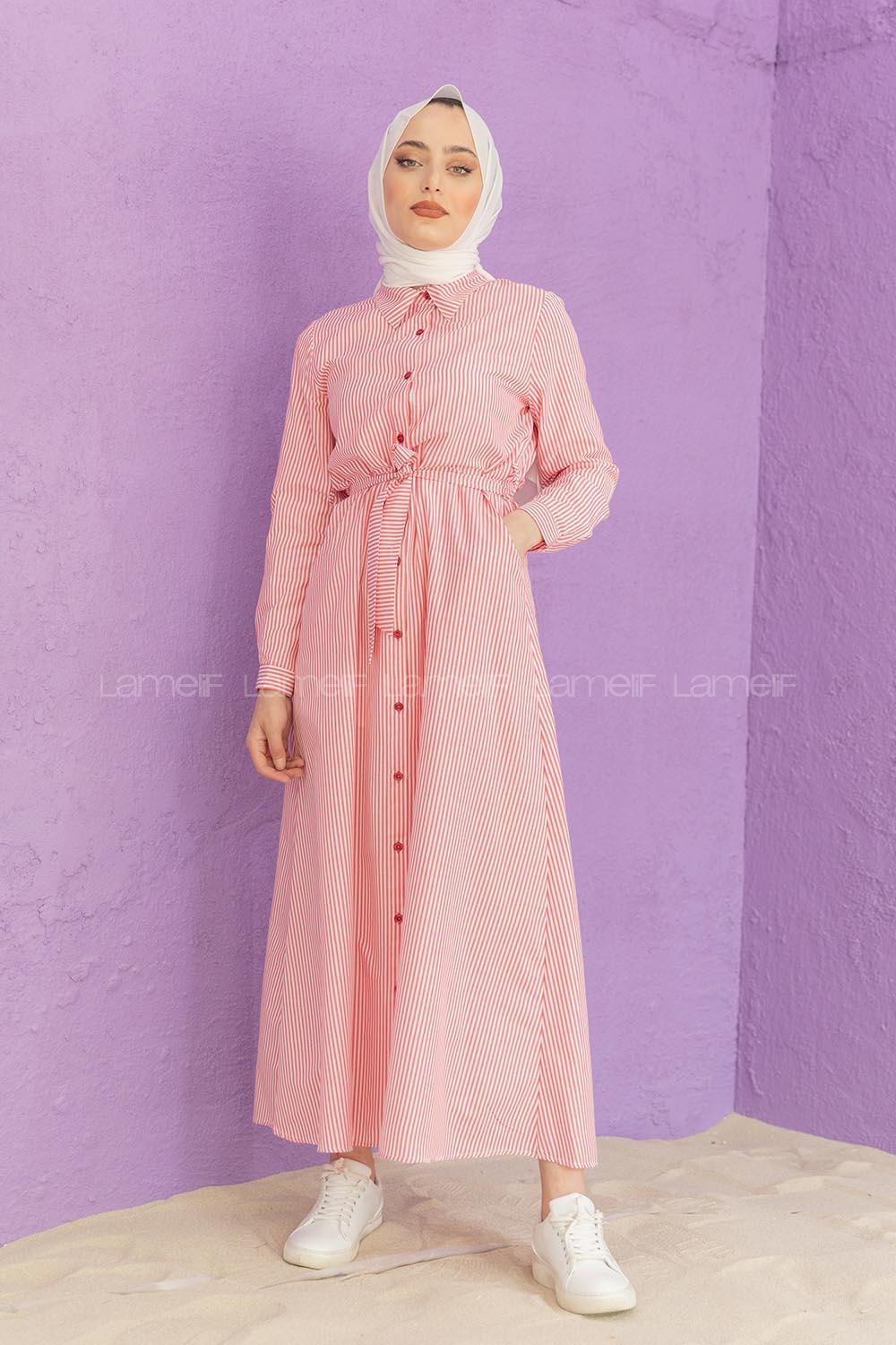 Modalamelif Önü Düğmeli Çizgili Elbise Kırmızı