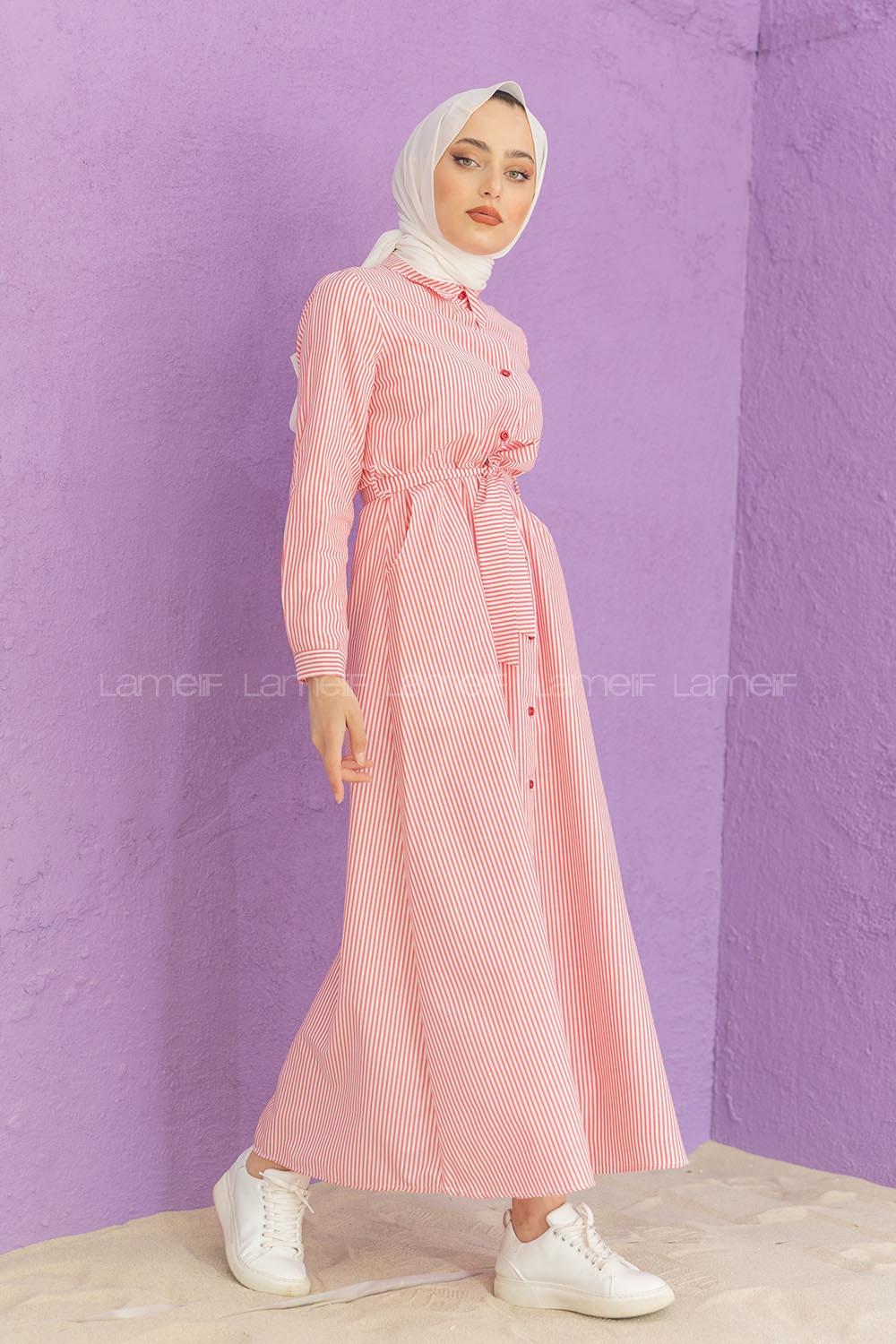 Modalamelif Önü Düğmeli Çizgili Elbise Kırmızı
