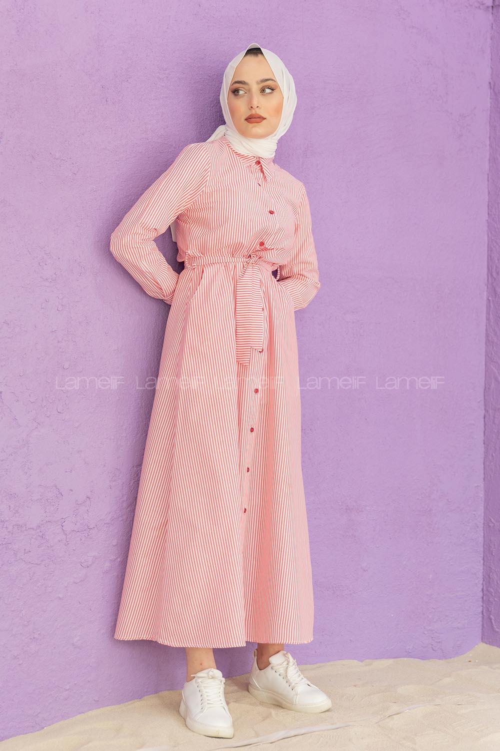 Modalamelif Önü Düğmeli Çizgili Elbise Kırmızı