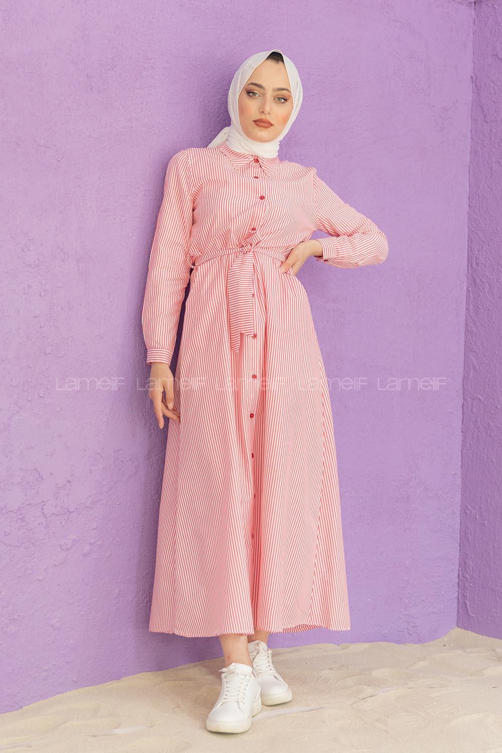 Modalamelif Önü Düğmeli Çizgili Elbise Kırmızı