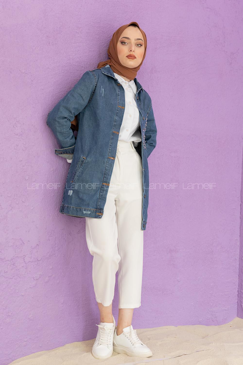 Modalamelif Yıldız İşlemeli Kot Ceket Koyu Mavi