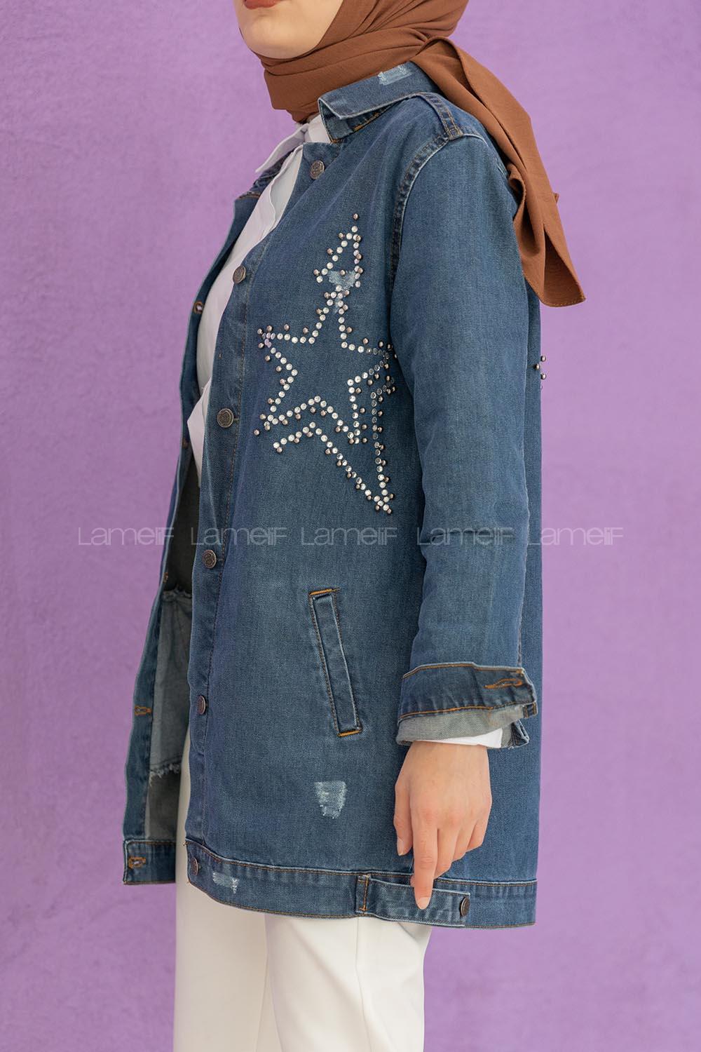 Modalamelif Yıldız İşlemeli Kot Ceket Koyu Mavi