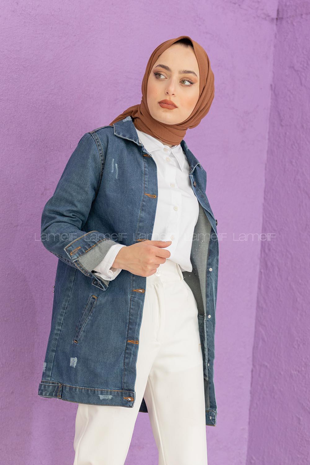 Modalamelif Yıldız İşlemeli Kot Ceket Koyu Mavi