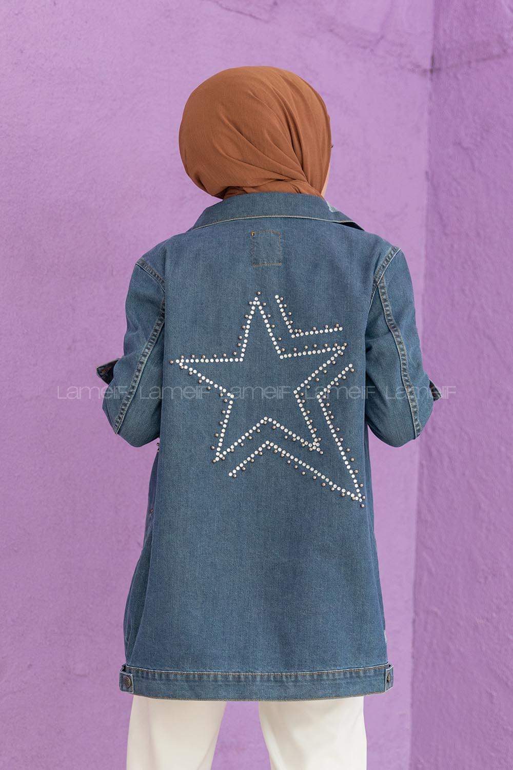 Modalamelif Yıldız İşlemeli Kot Ceket Koyu Mavi