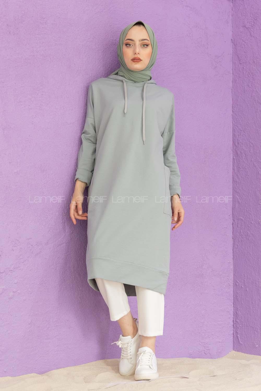 Modalamelif Kapşonlu Uzun Cep Detaylı Sweatshirt Gri Melanj