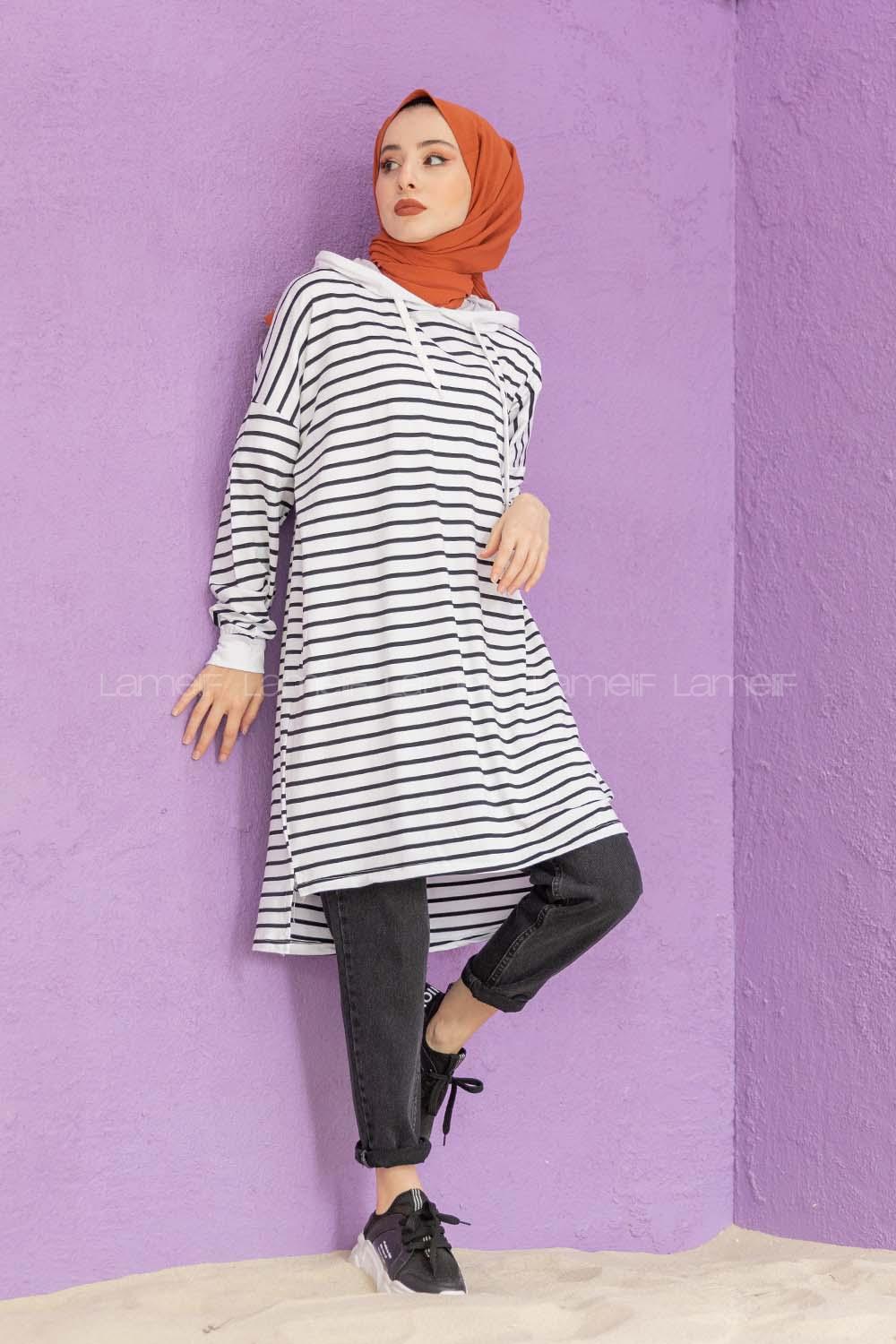 Modalamelif Çizgili Kapşonlu Tunik Beyaz