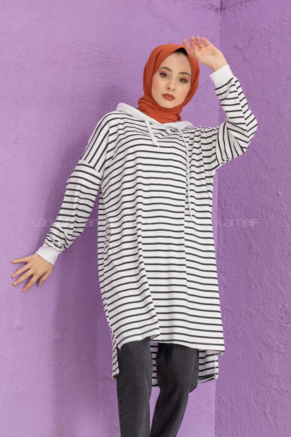 Modalamelif Çizgili Kapşonlu Tunik Beyaz