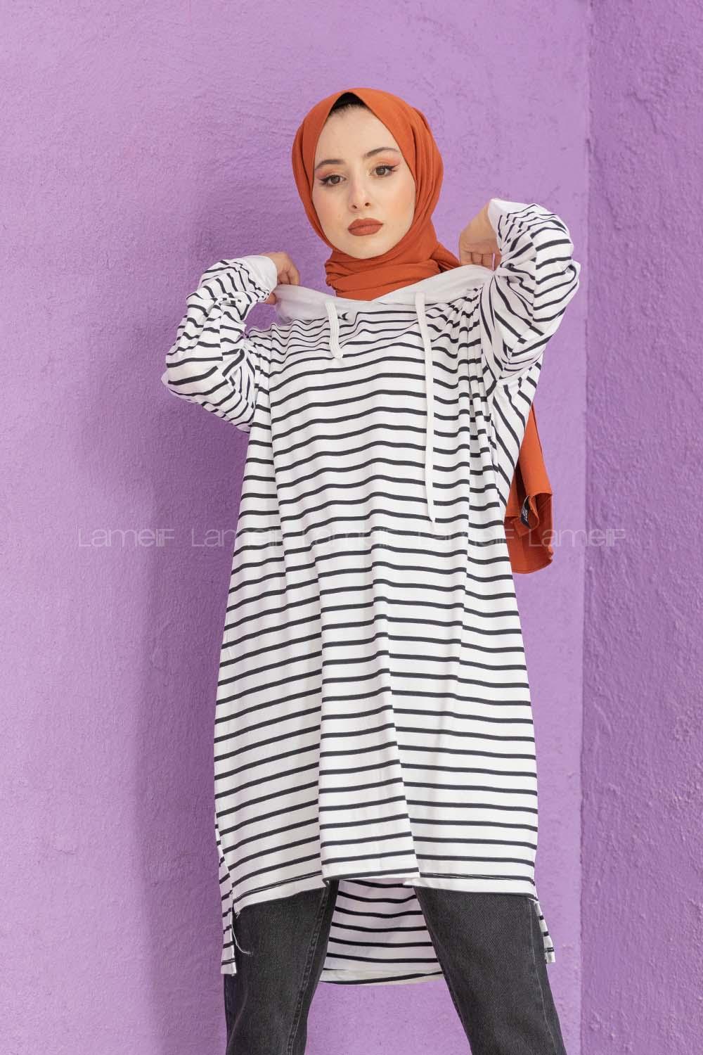 Modalamelif Çizgili Kapşonlu Tunik Beyaz