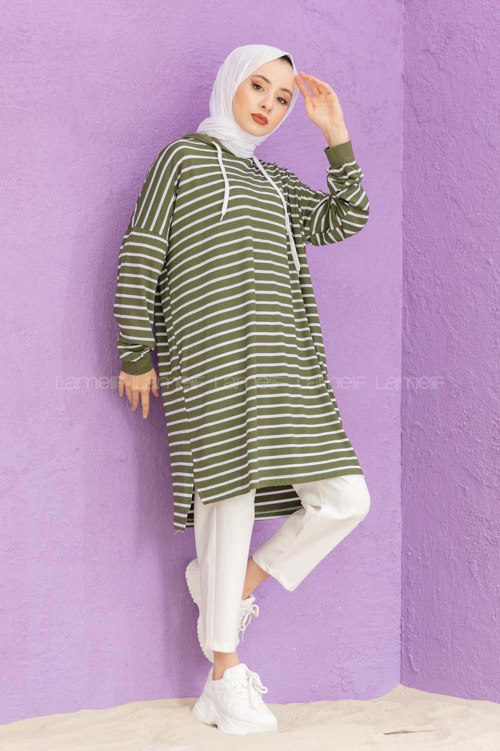Modalamelif Çizgili Kapşonlu Tunik Haki