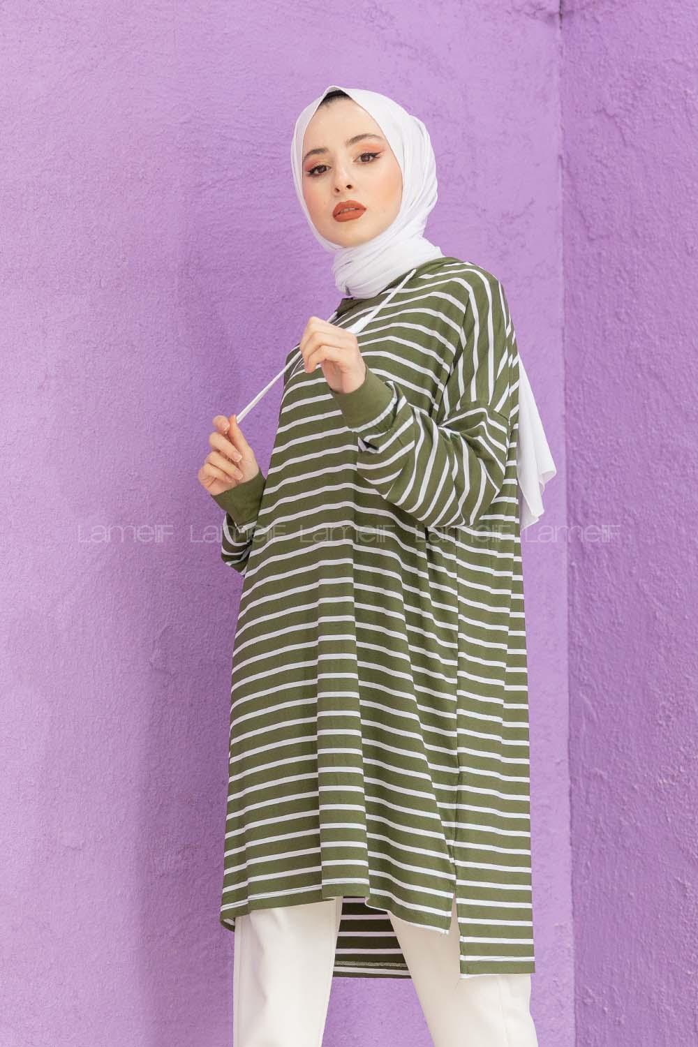 Modalamelif Çizgili Kapşonlu Tunik Haki