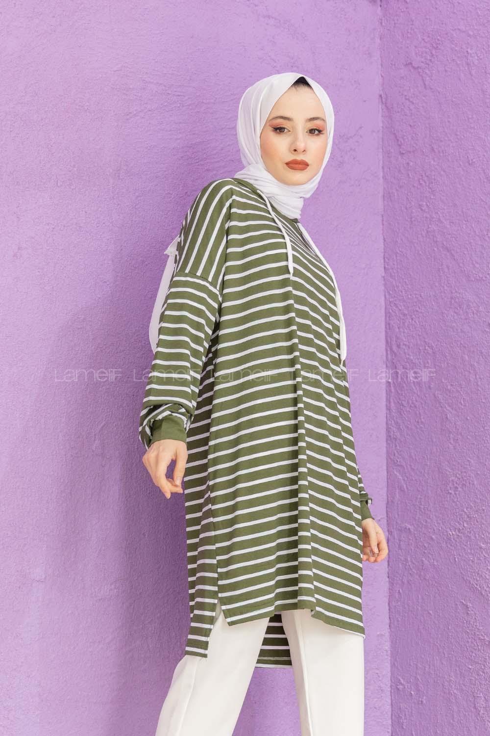 Modalamelif Çizgili Kapşonlu Tunik Haki