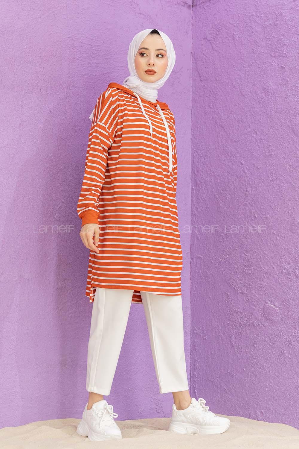 Modalamelif Çizgili Kapşonlu Tunik Kiremit