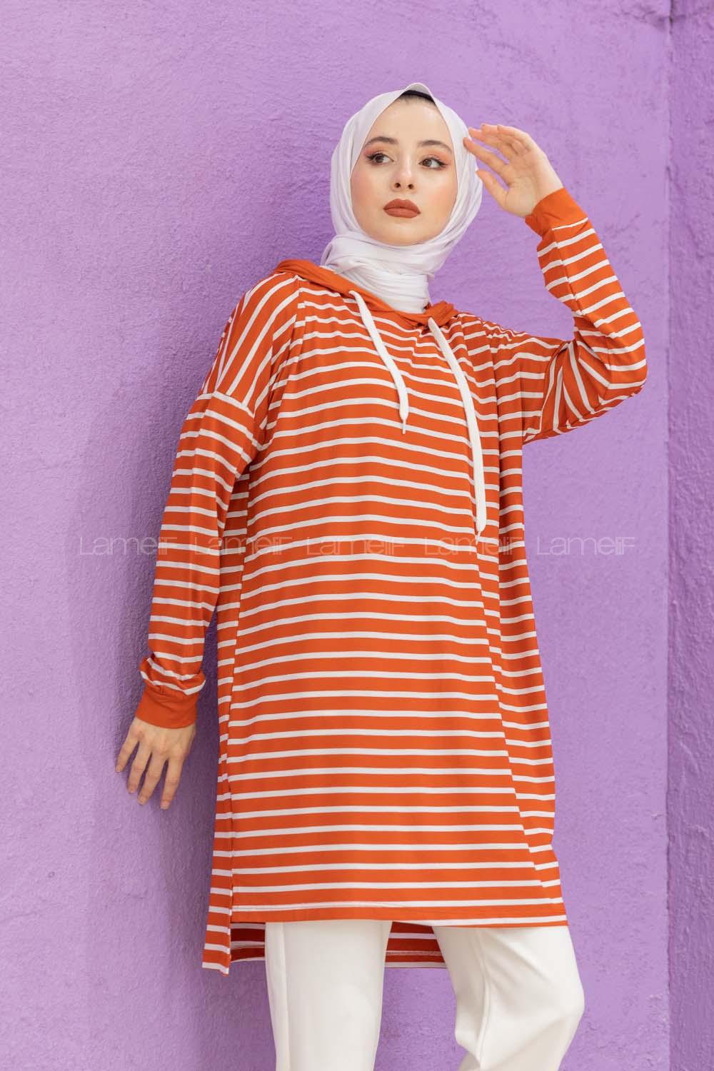 Modalamelif Çizgili Kapşonlu Tunik Kiremit