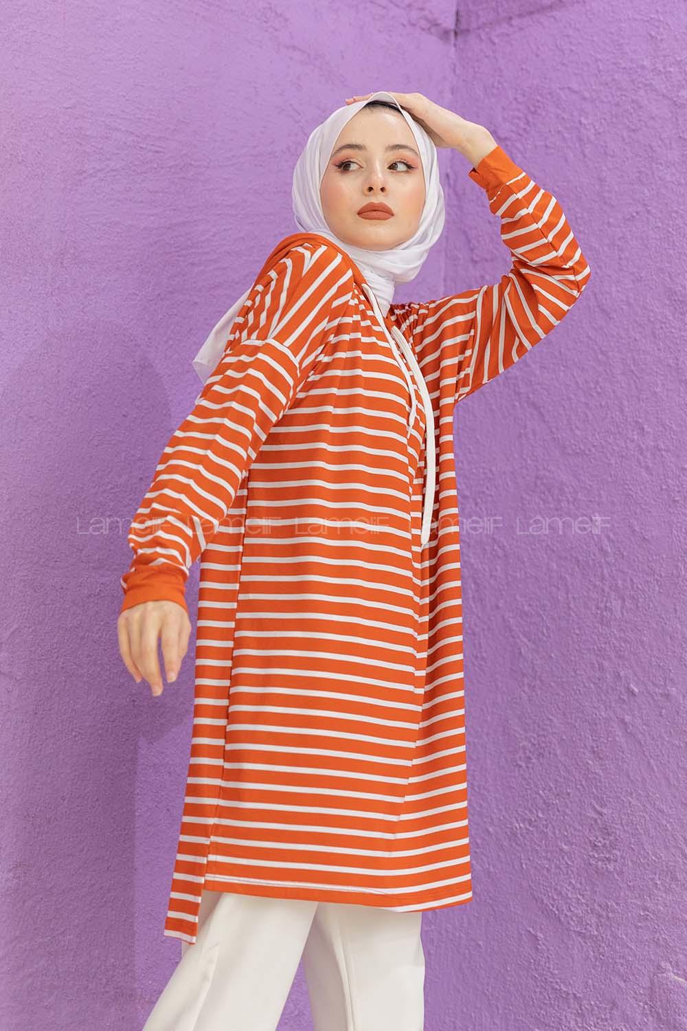 Modalamelif Çizgili Kapşonlu Tunik Kiremit