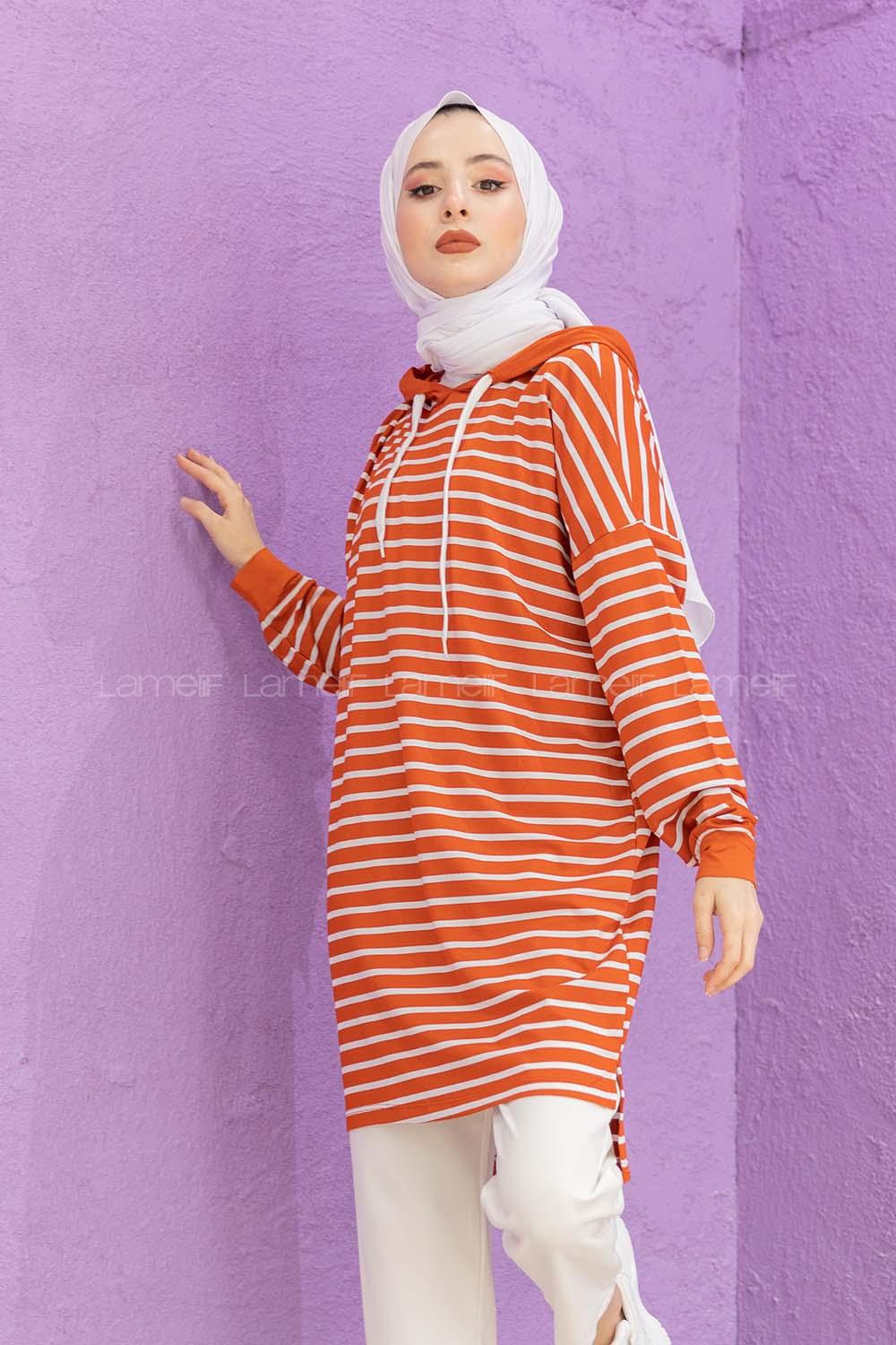 Modalamelif Çizgili Kapşonlu Tunik Kiremit