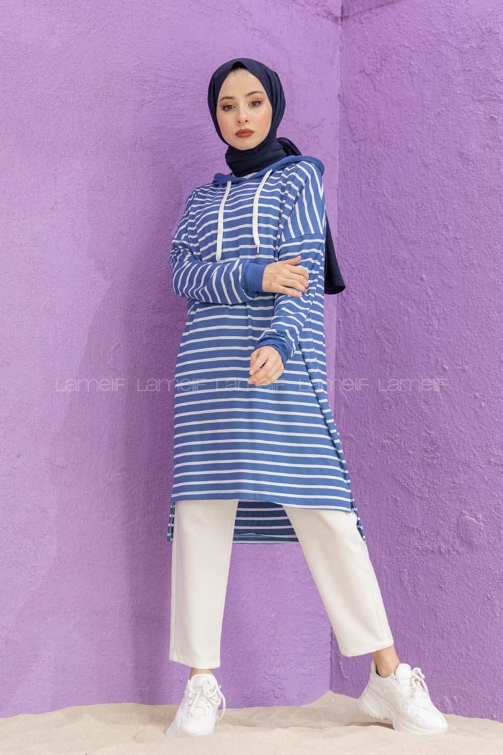 Modalamelif Çizgili Kapşonlu Tunik Mavi