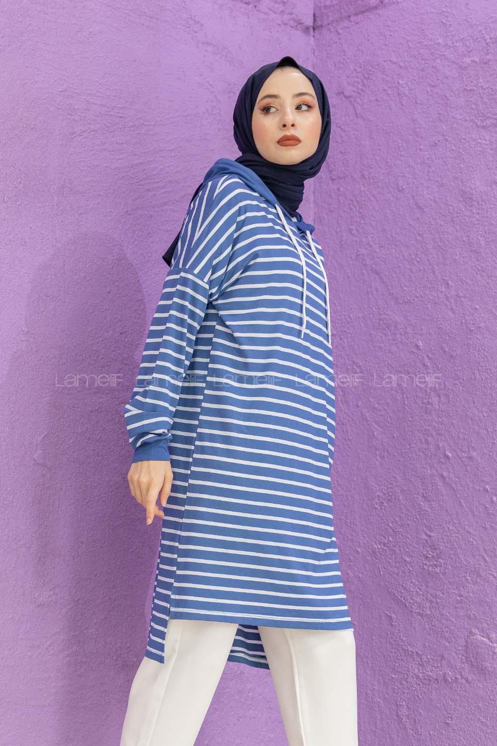 Modalamelif Çizgili Kapşonlu Tunik Mavi