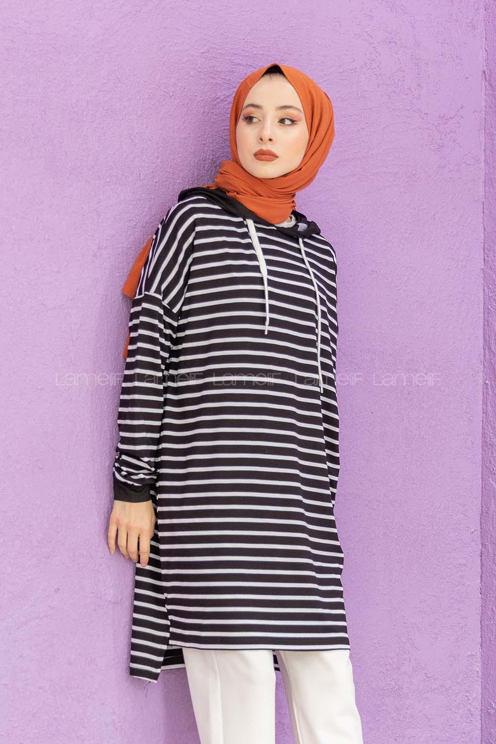 Modalamelif Çizgili Kapşonlu Tunik Siyah