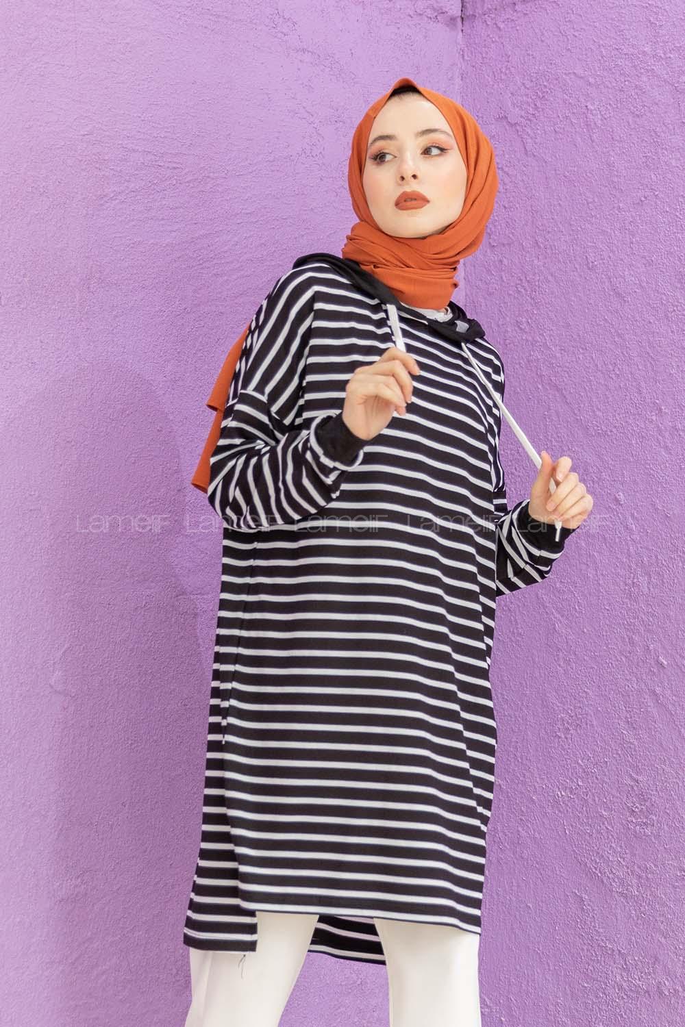 Modalamelif Çizgili Kapşonlu Tunik Siyah