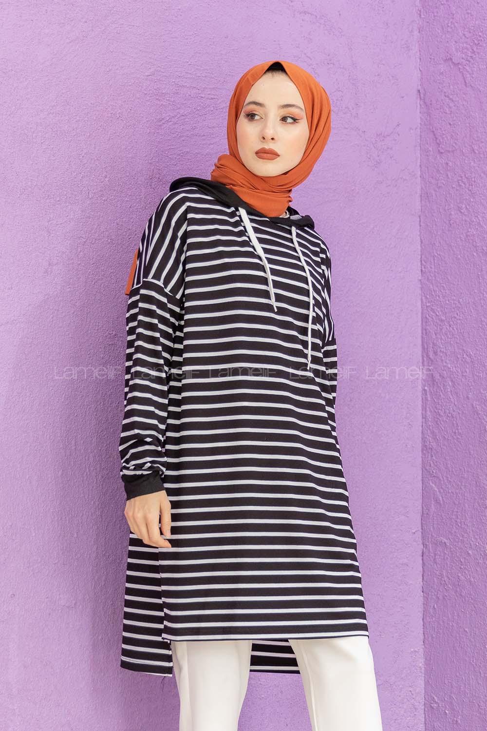 Modalamelif Çizgili Kapşonlu Tunik Siyah