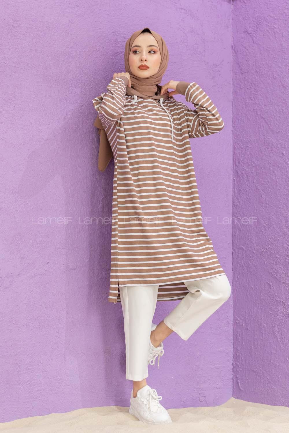 Modalamelif Çizgili Kapşonlu Tunik Vizonrengi