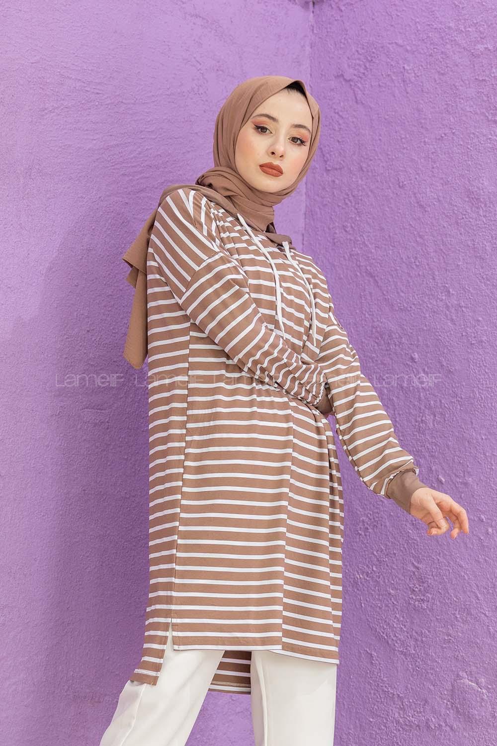 Modalamelif Çizgili Kapşonlu Tunik Vizonrengi