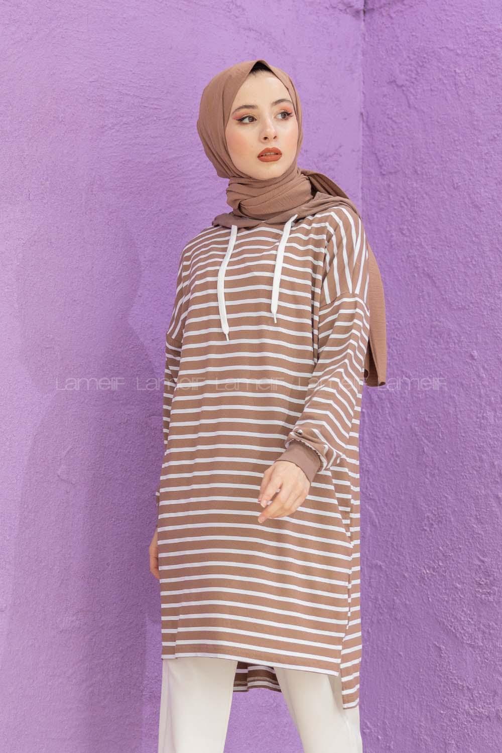 Modalamelif Çizgili Kapşonlu Tunik Vizonrengi