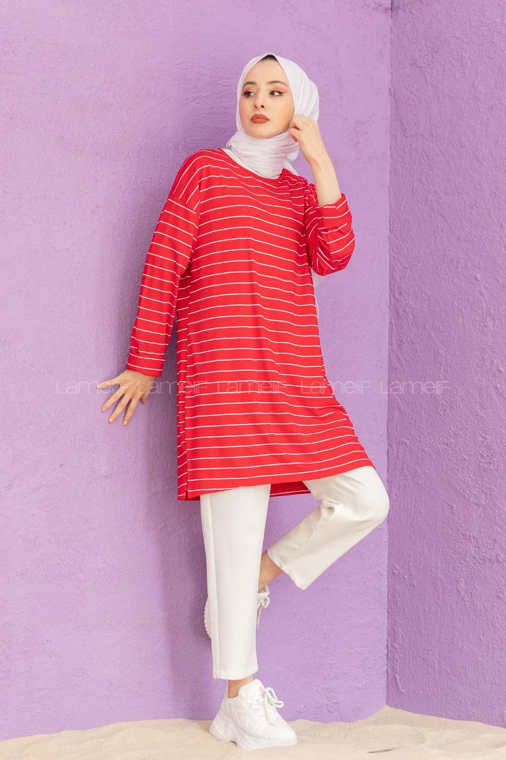 Modalamelif Çizgili Tunik Kırmızı
