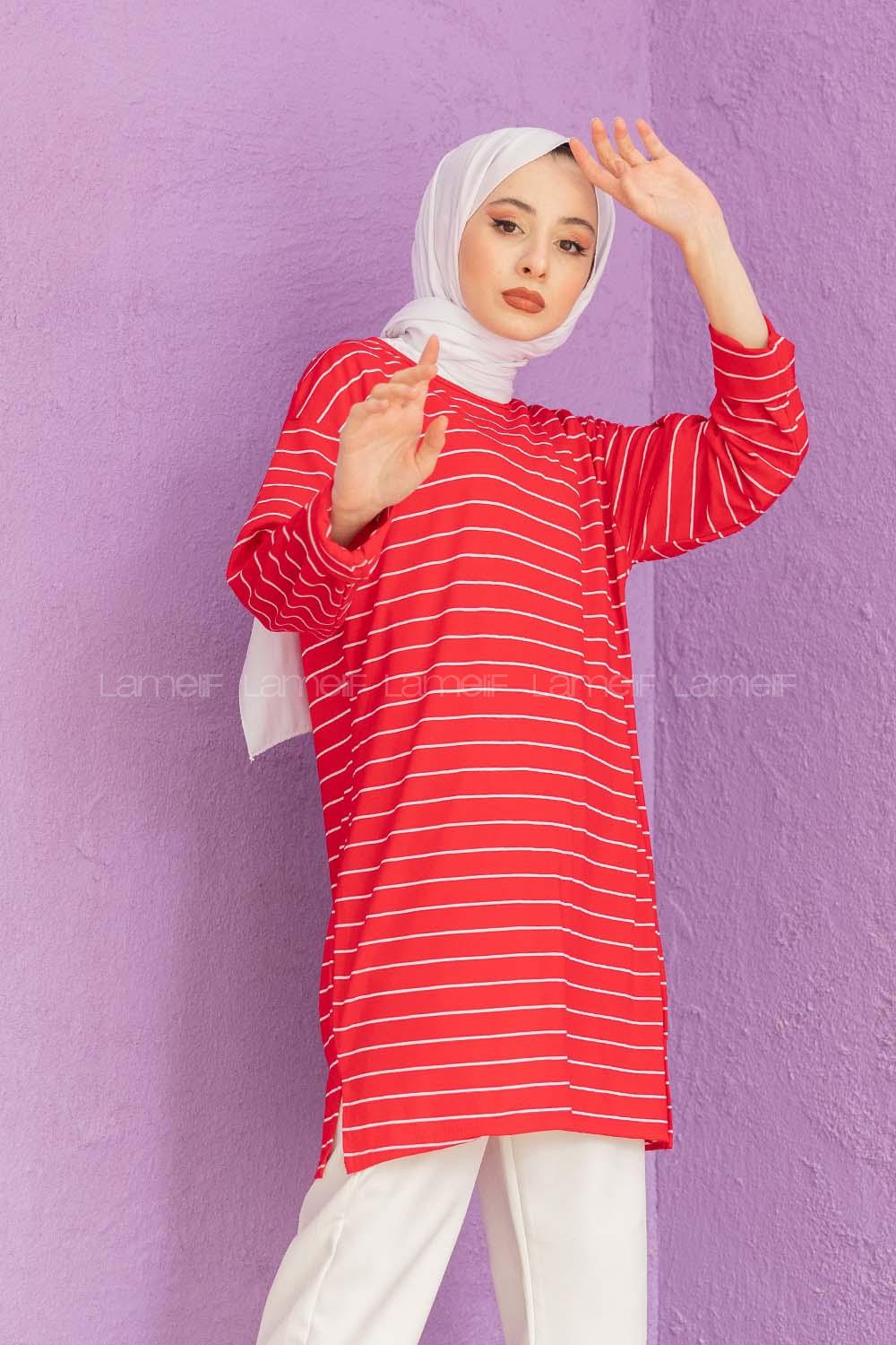 Modalamelif Çizgili Tunik Kırmızı