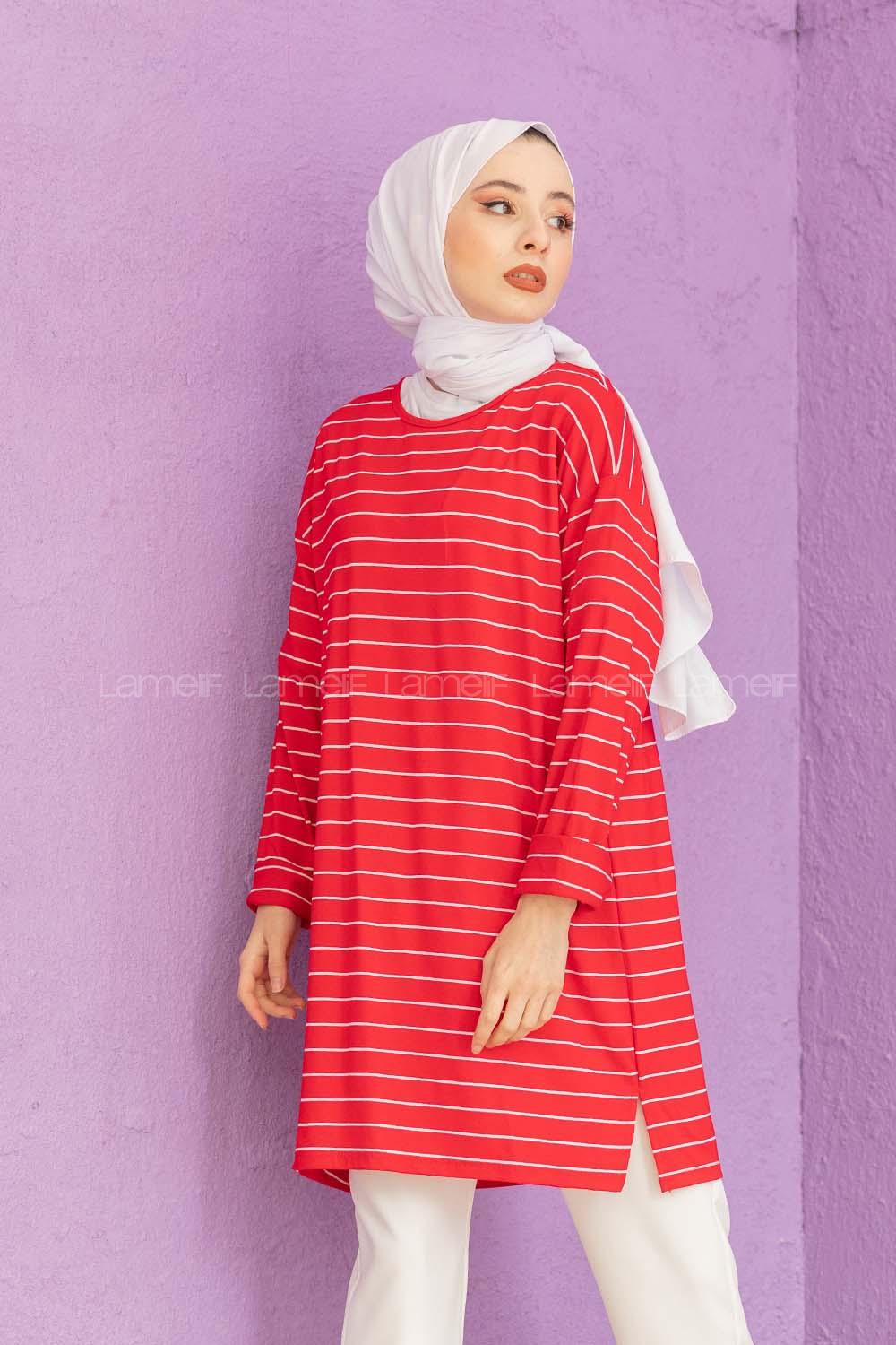 Modalamelif Çizgili Tunik Kırmızı