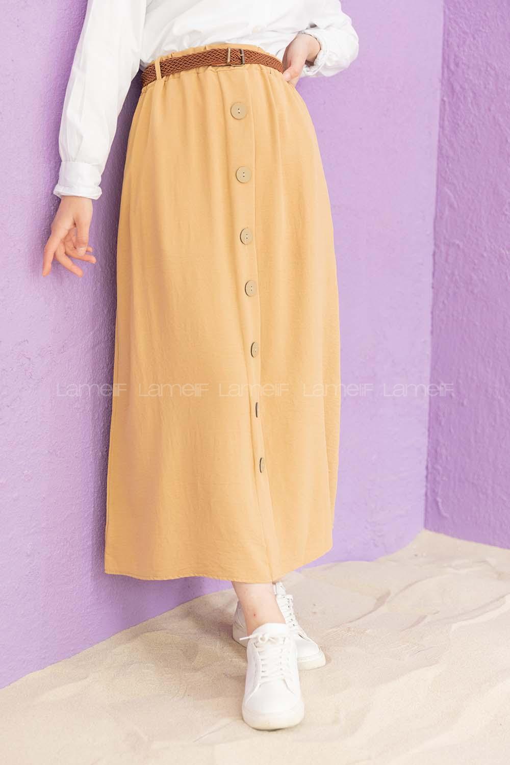 Modalamelif Hasır Kemerli Ayrobin  Etek Sütlü Kahve