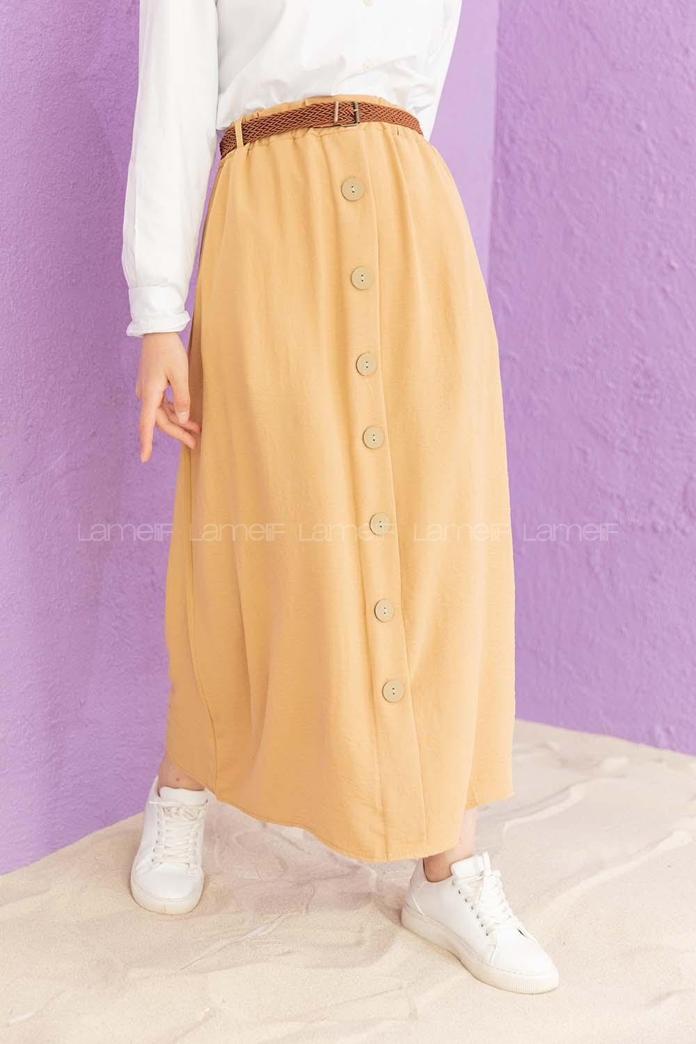 Modalamelif Hasır Kemerli Ayrobin  Etek Sütlü Kahve