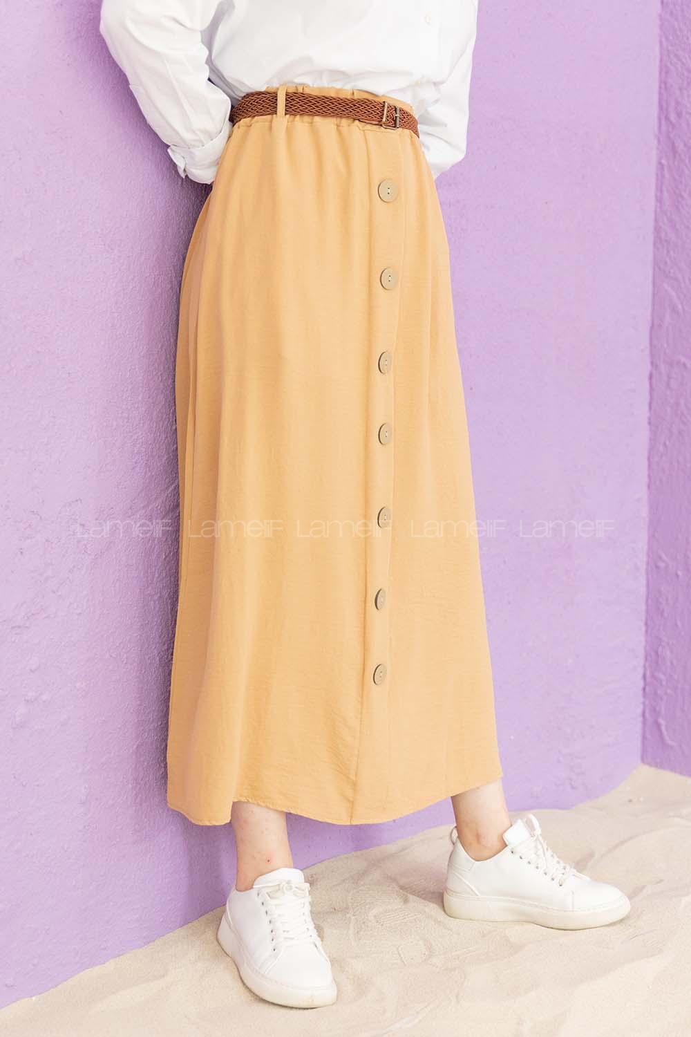 Modalamelif Hasır Kemerli Ayrobin  Etek Sütlü Kahve