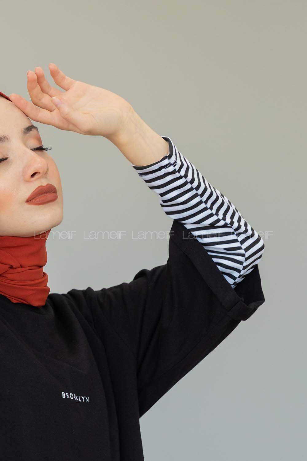 Lamelif Çizgili Uzun Kol İçlik Siyah