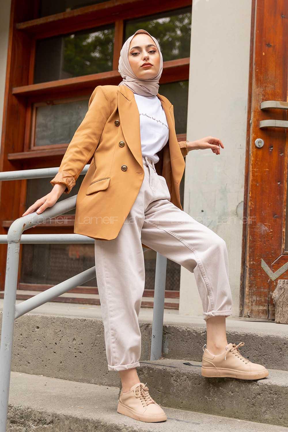 Modalamelif Önü Düğmeli Blazer Ceket Camel